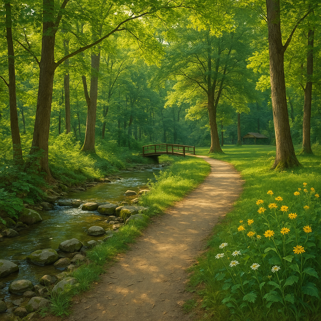 French Park Trail – Amberley Village, OH-serene-aqua-cincinnati-ohio A peaceful woodland trail in French Park, Amberley Village, OH, with a footbridge over a stream and blooming wildflowers under a canopy of trees.