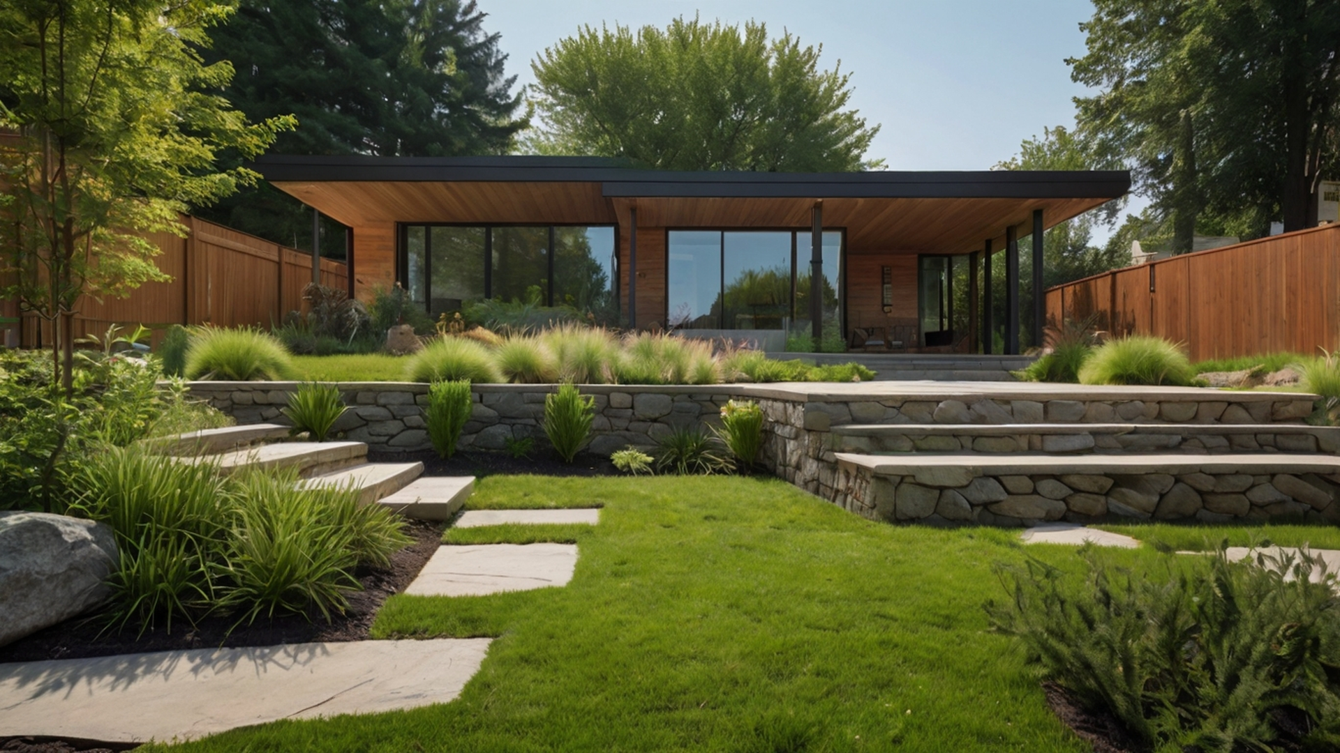 Plain backyard with basic stone steps before natural landscaping transformation in Anderson Township, Ohio.