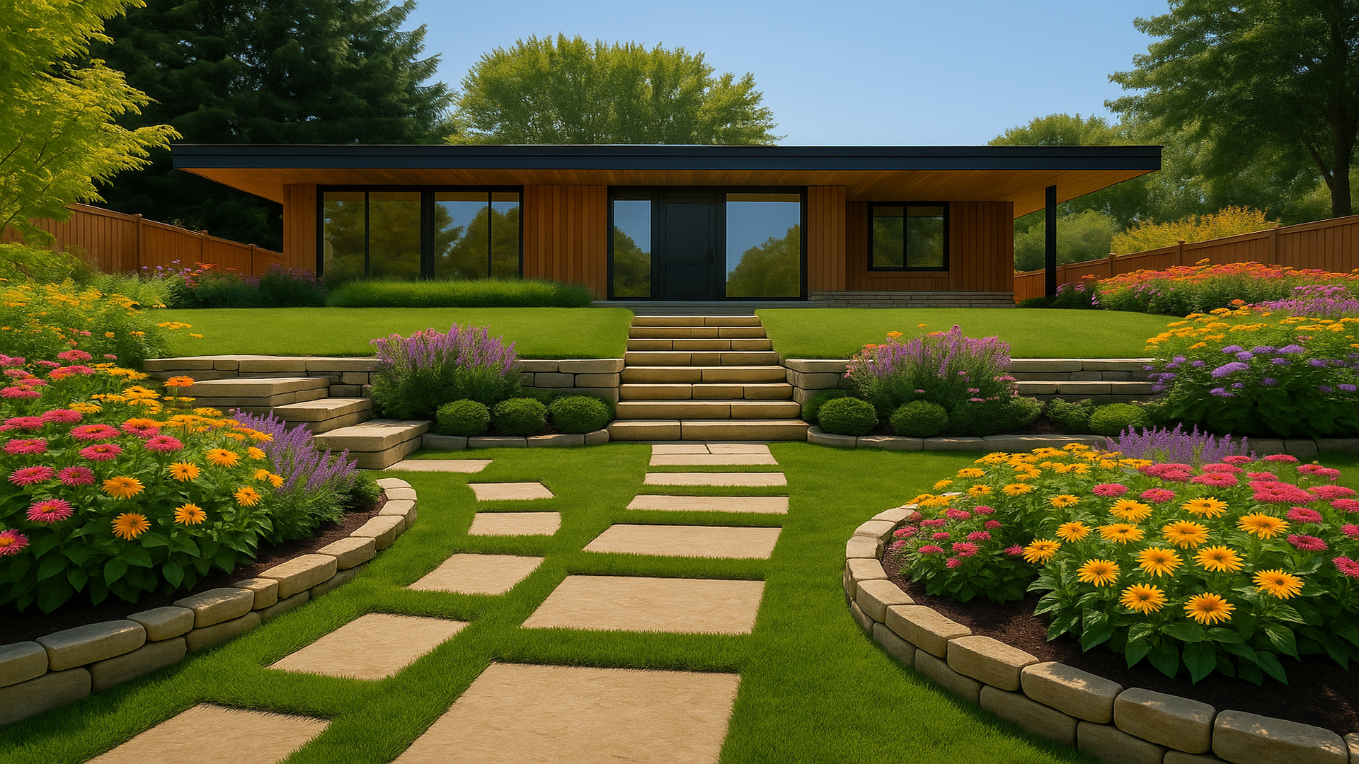 Beautifully landscaped front yard with natural stone steps, vibrant flower beds, and stone garden edging in Anderson Township, Ohio.