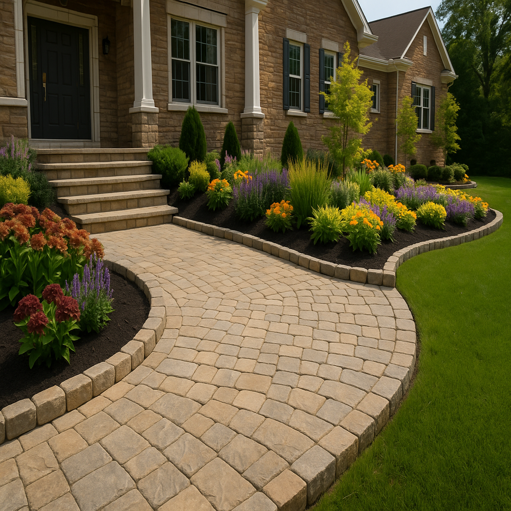 Custom Driveway and Garden Edging in Liberty Township, OH-Serene-Aqua Custom paver driveway with curved stone garden edging in Liberty Township, OH