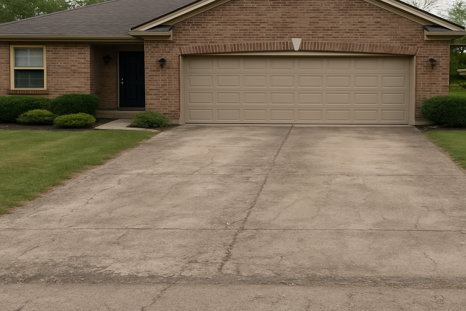 A faded concrete driveway with visible cracks in front of a brick home in Liberty Township, Ohio
