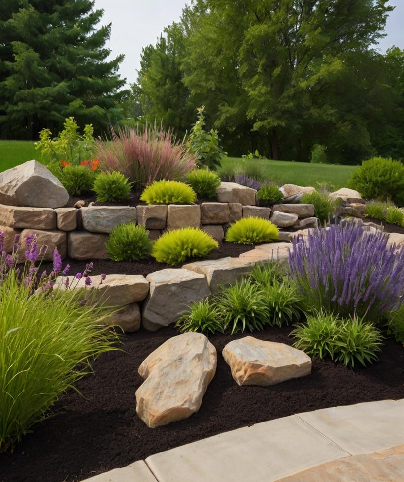 Signature Rock Garden Landscape – Amberley Village, OH-serene-aqua-cincinnati-ohio A professionally landscaped rock garden with layered stone walls, ornamental grasses, and blooming lavender in Amberley Village, OH.