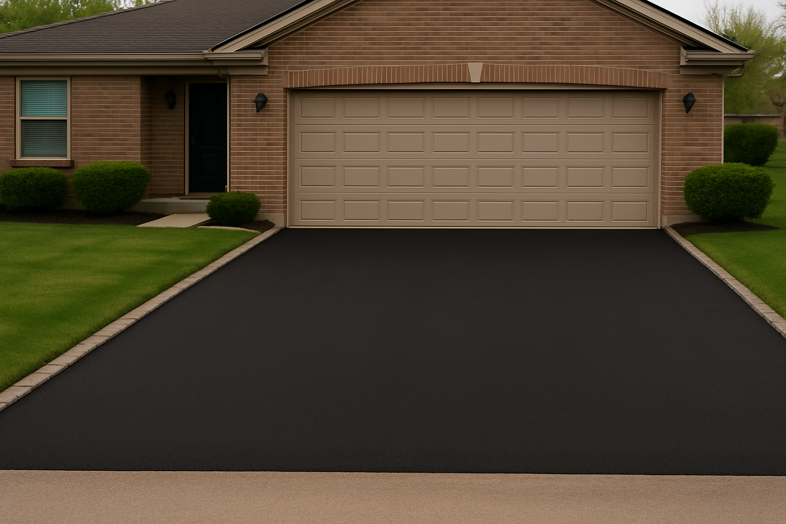 A sleek new asphalt driveway with clean edging in front of a brick home in Liberty Township, Ohio