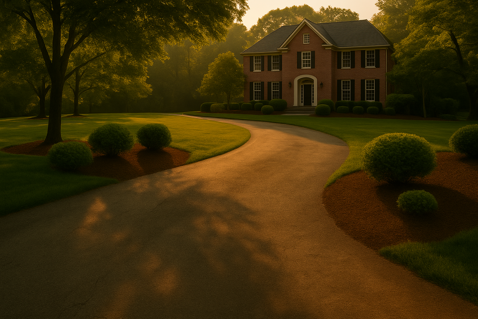 Before image of a plain, worn driveway leading to a brick estate in The Village of Indian Hill, Ohio with no cobblestone paving